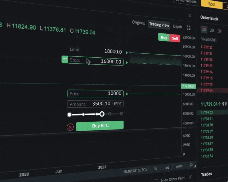 Binance price chart with an in-chart order being placed