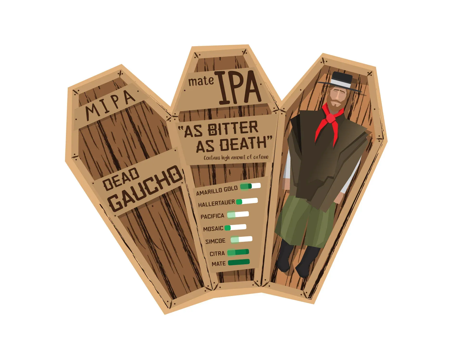 Fully unfolded coffin-shaped label design reading DEAD GAUCHO, mate IPA, and As Bitter As Death, with a hop and malt intensity chart and the illustrated gaucho lying inside