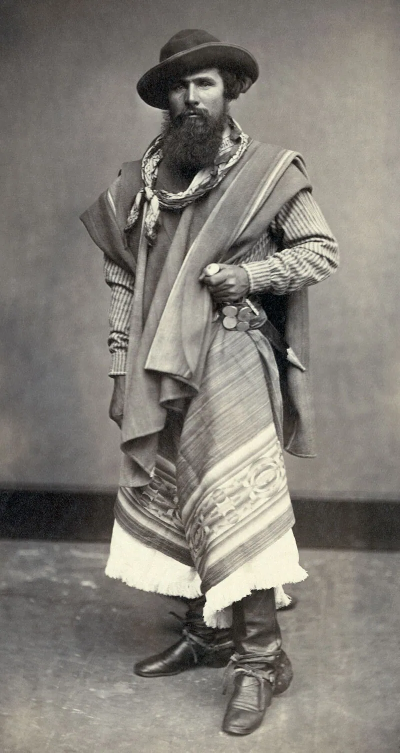 Black-and-white 1868 photograph of a gaucho in traditional dress, used as visual research