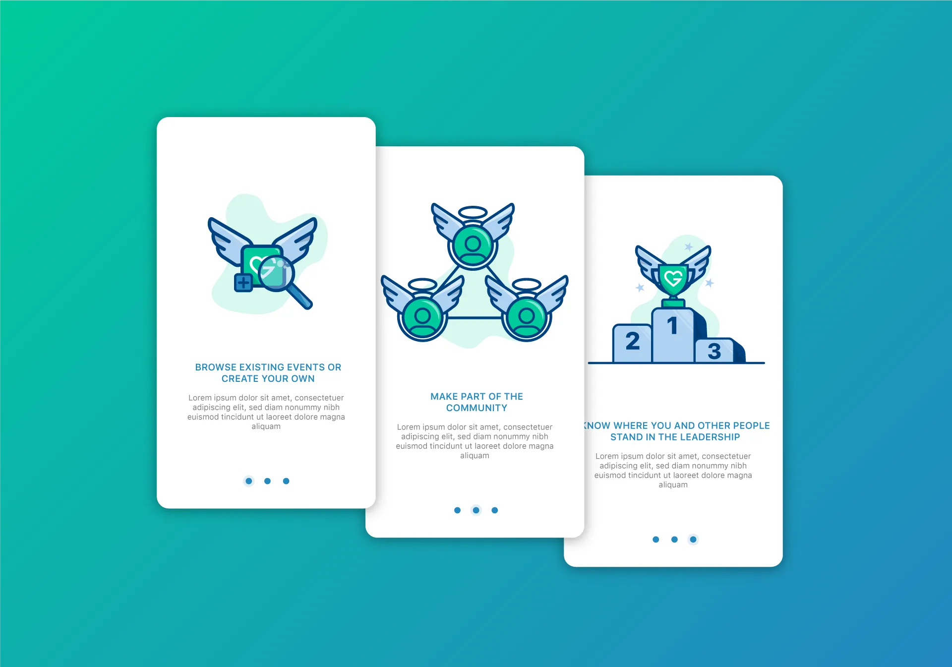 Three onboarding screens for Impact GoGo, each pairing a winged icon illustration with a headline: browse existing events or create your own, make part of the community, and know where you and other people stand in the leadership