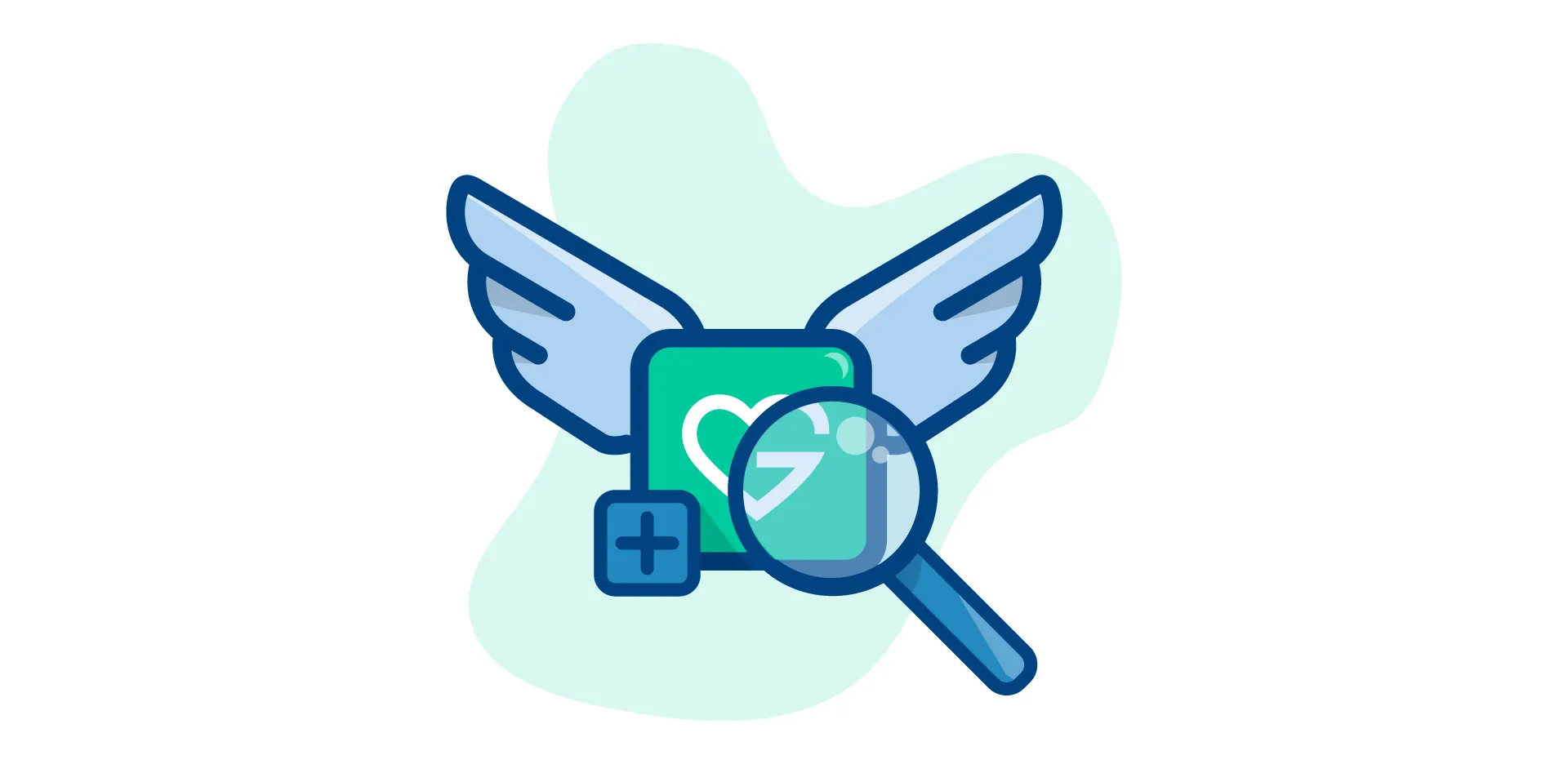 Onboarding icon: a winged card with a heart and GoGo mark, overlaid with a magnifying glass, illustrating "browse existing events or create your own"
