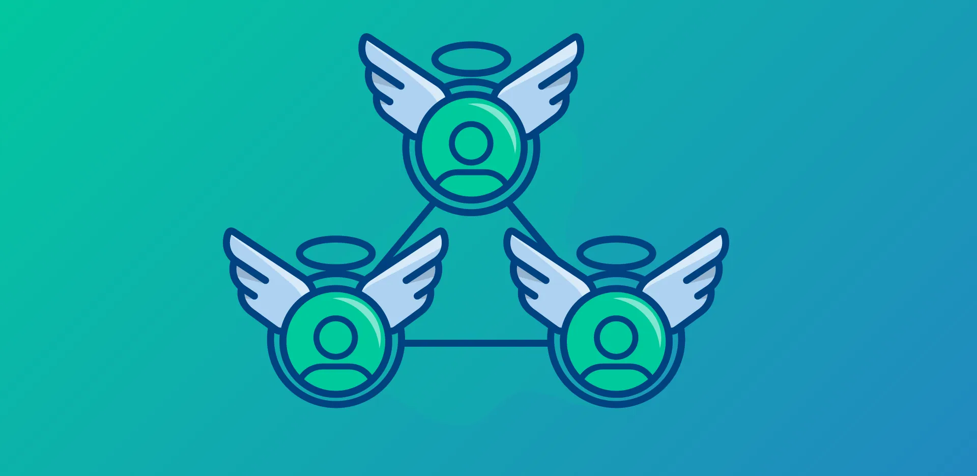 Onboarding icon: three winged profile avatars connected by lines in a triangle formation, illustrating "make part of the community"