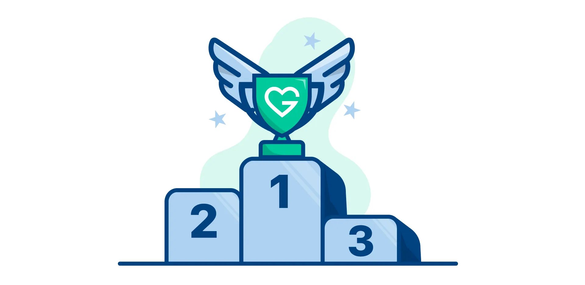 Onboarding icon: a winged trophy shield bearing the GoGo mark on a first-place podium, illustrating "know where you and other people stand in the leadership"