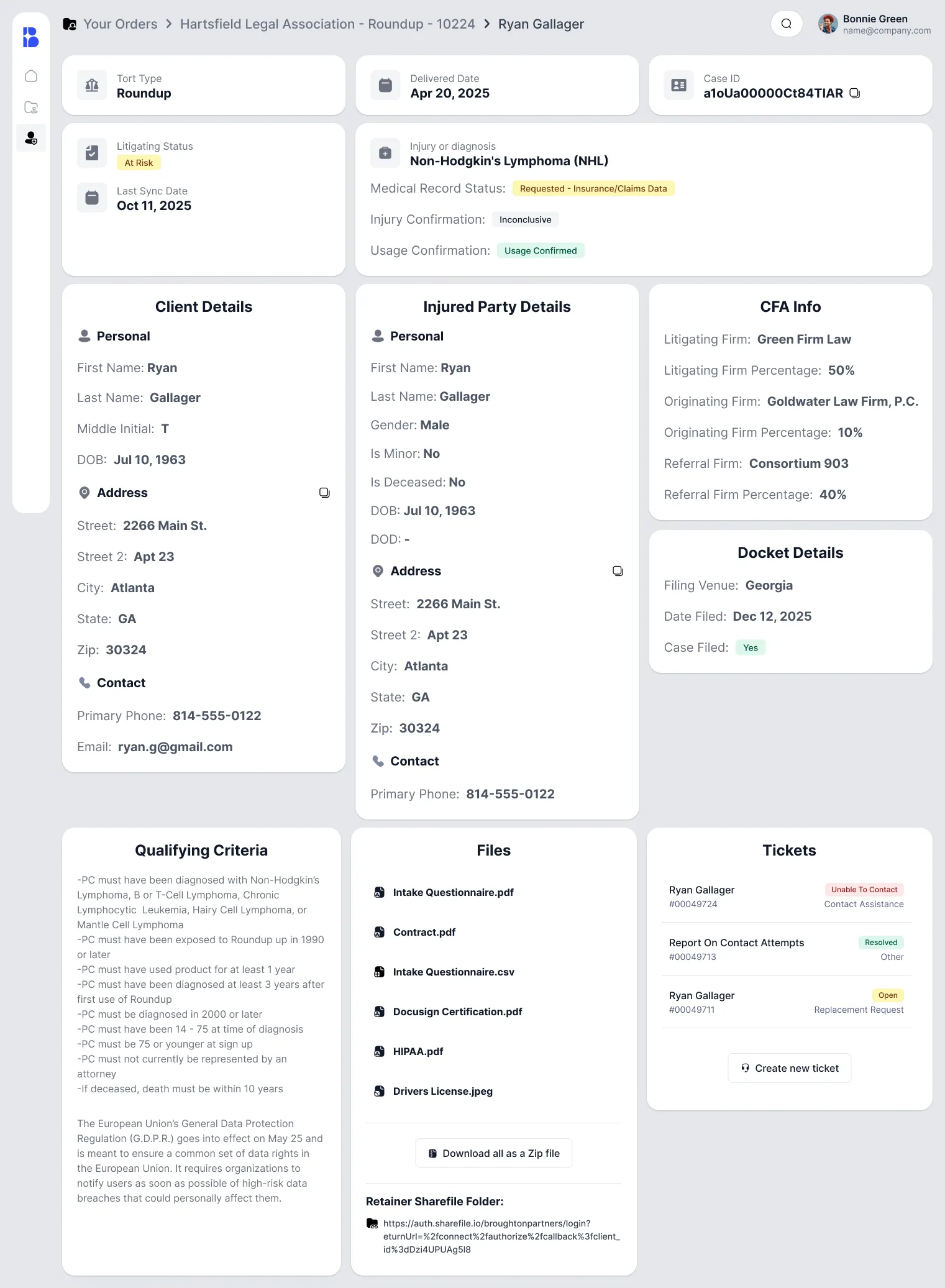 Retainer details with case lifecycle, claimant information, timestamps and documents