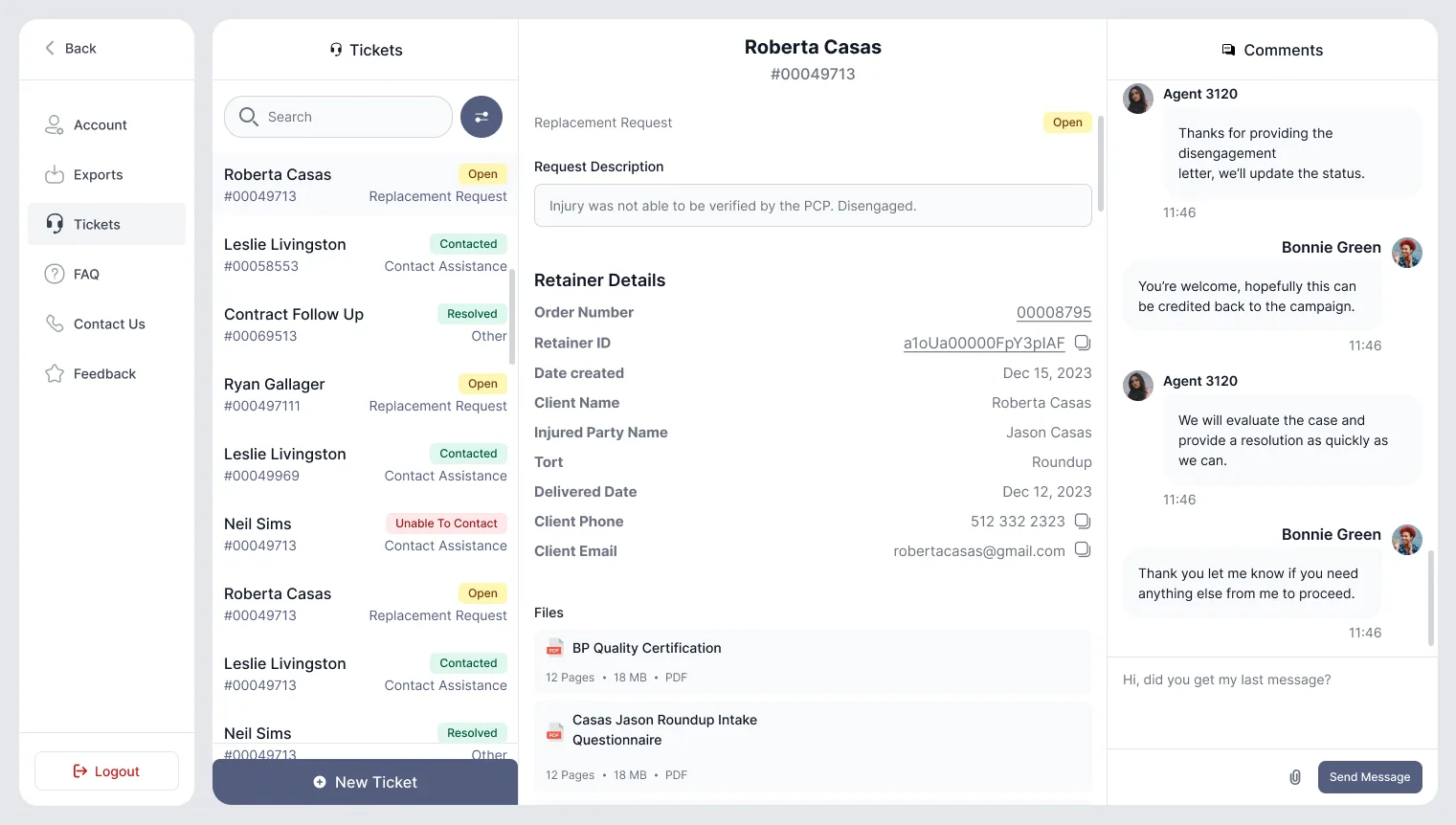 Tickets view: ticket list, replacement request with retainer details and files, and a threaded comment conversation with support