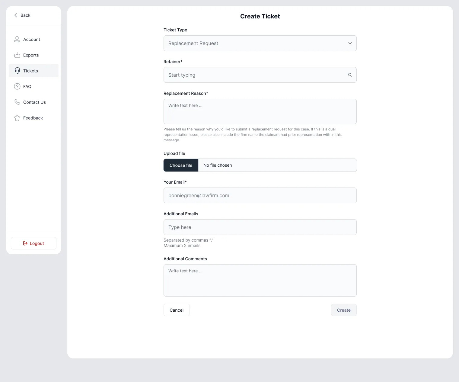 Create ticket form for a replacement request